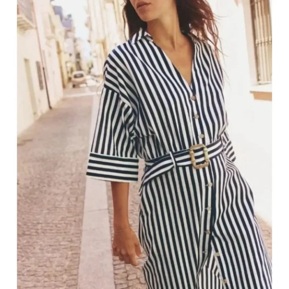 NWT Zara Blue White Striped Belted Dress Sz. XS